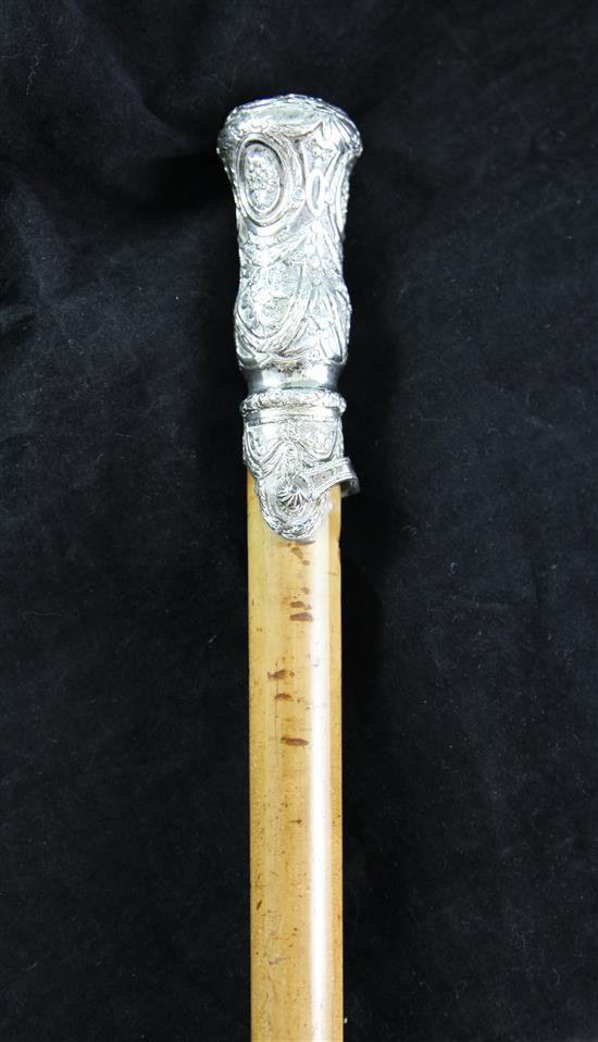 A 19th century silver topped malacca walking cane, 38in.